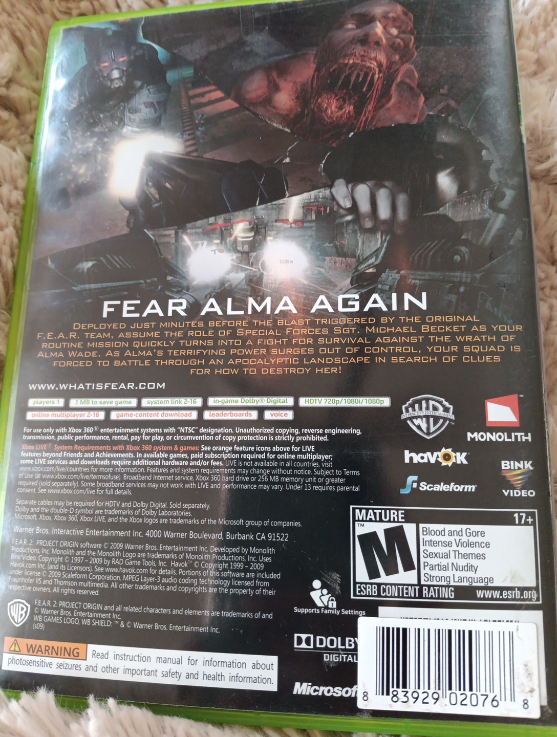 F.E.A.R.2 First Encounter Assault Recon 2 Project Origin Xbox 360 With Manual
