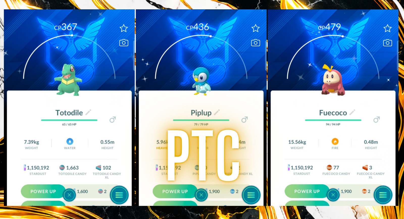 Pokémon Shiny Totodile + Piplup + Fuecoco Team Mystic BG | mini PTC | Go ✨