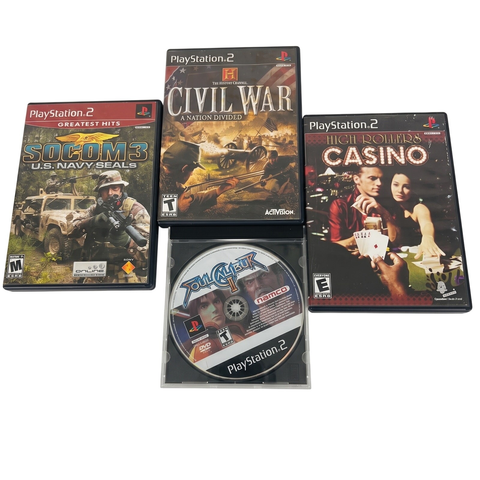 PlayStation PS2 4 Mixed Video Game Lot SOCOM 3 Civil War SoulCalibur II Casino