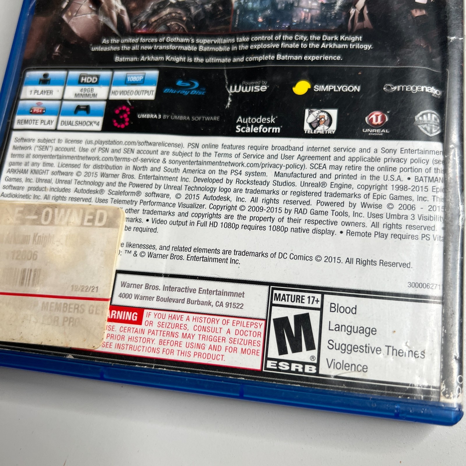 Batman: Arkham Knight PS4 – Complete w/ Disc & Case
