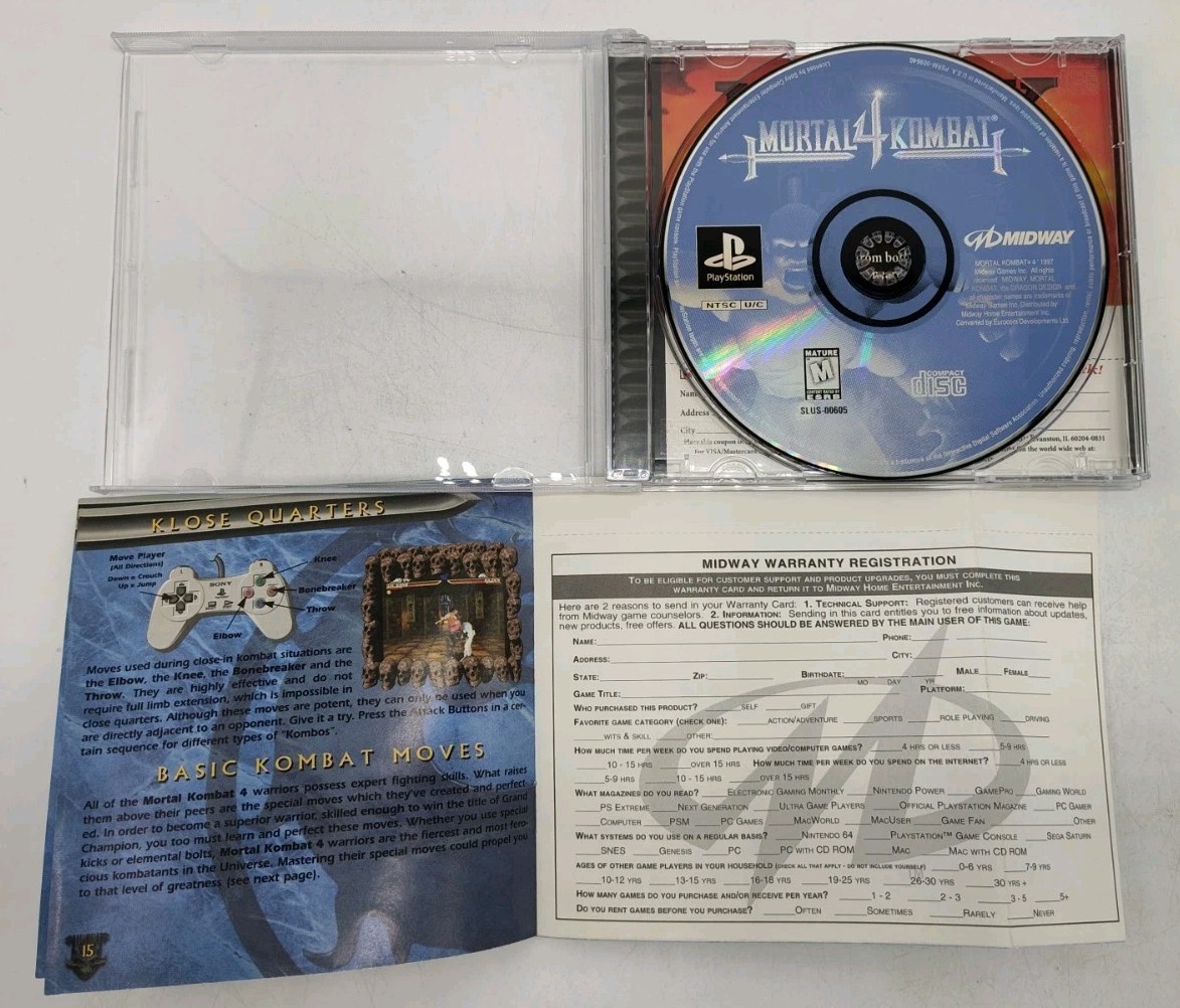 Mortal Kombat 4 – (PS1, 1997) *CIB w/ Reg Card + Case Protector* VGC* Tested!