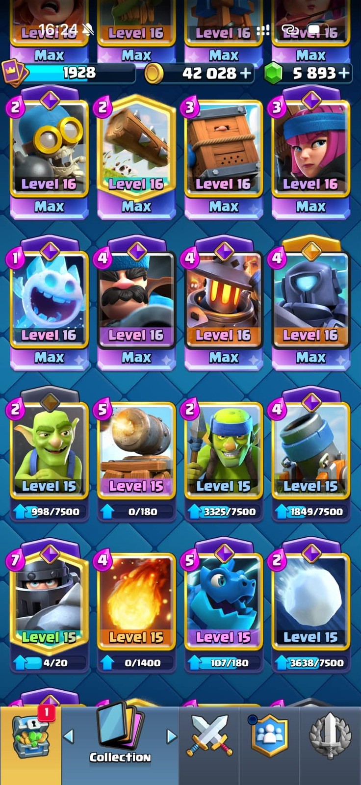 CR/LVL 75(80 Card LV 16-15-14) 13.5K Trophy/127 Emote/14 Tower Skin/32 Evoes