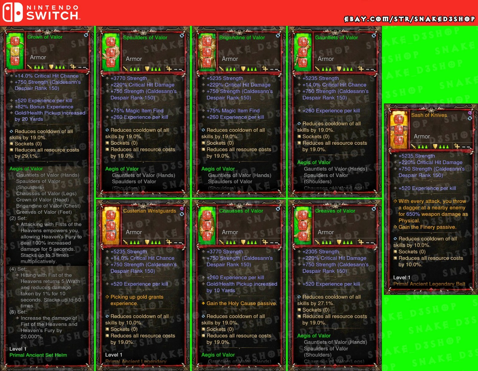 Diablo 3 – Nin.Switch – Modded PRIMAL Set – Aegis of Valor – Exp / Magic Find