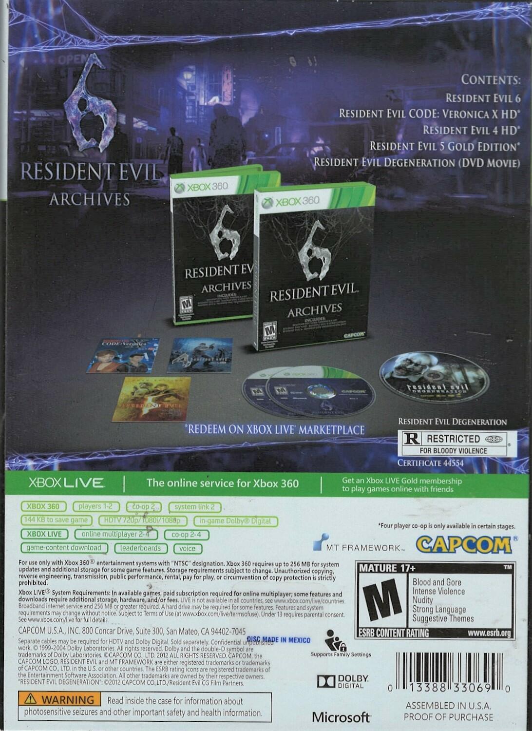 Resident Evil 6 Archives Xbox 360 (Brand New Factory Sealed US Version) Xbox 360