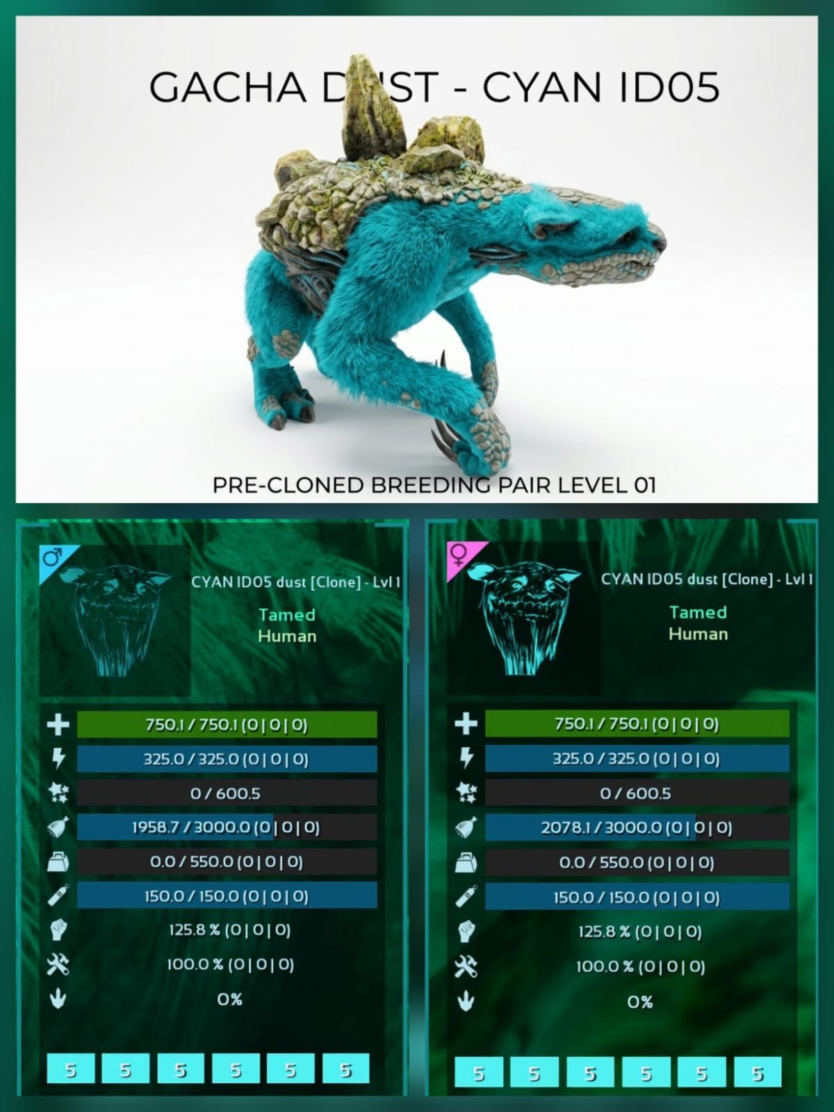 GACHA Dust LVL 01 Pre-Cloned breeding Pair Ark Ascended Official PVE PC/XBOX/PS5