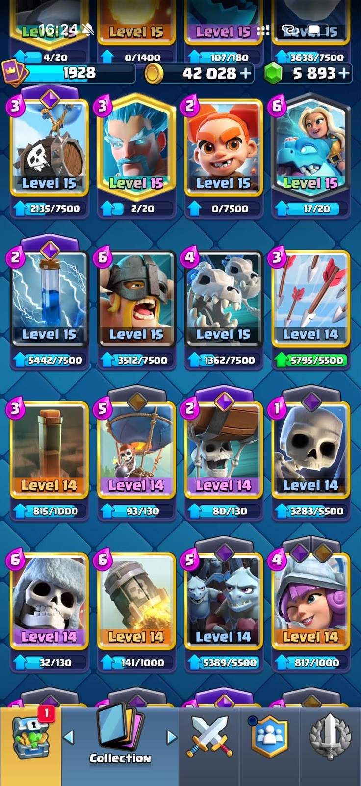CR/LVL 75(80 Card LV 16-15-14) 13.5K Trophy/127 Emote/14 Tower Skin/32 Evoes