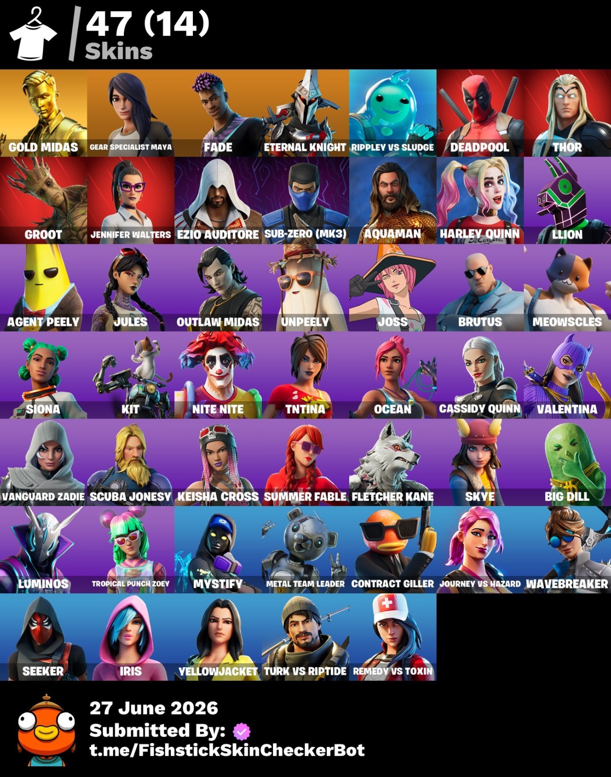 🔥47 Set: Gold Midas, Deadpool, Agent Peely, Meowscles, Skye, Jules, Laugh It UP