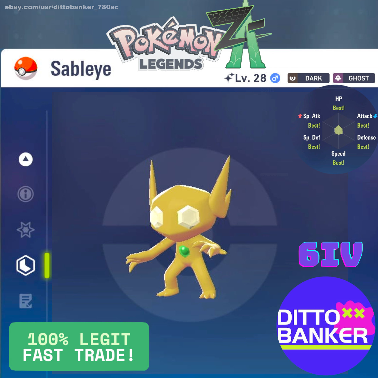 Pokemon Legends ZA✨SHINY SABLEYE Lv.28 Adamant/6IV/Male FAST Tradė! NEW!