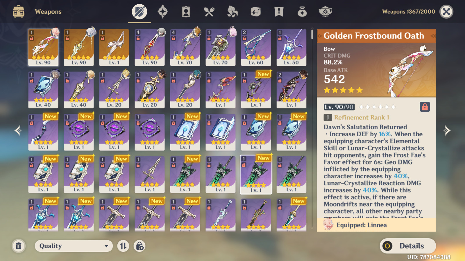 Genshin Impact Account EU AR-56 with Zibai c4 signature and Linnea C3 Singature