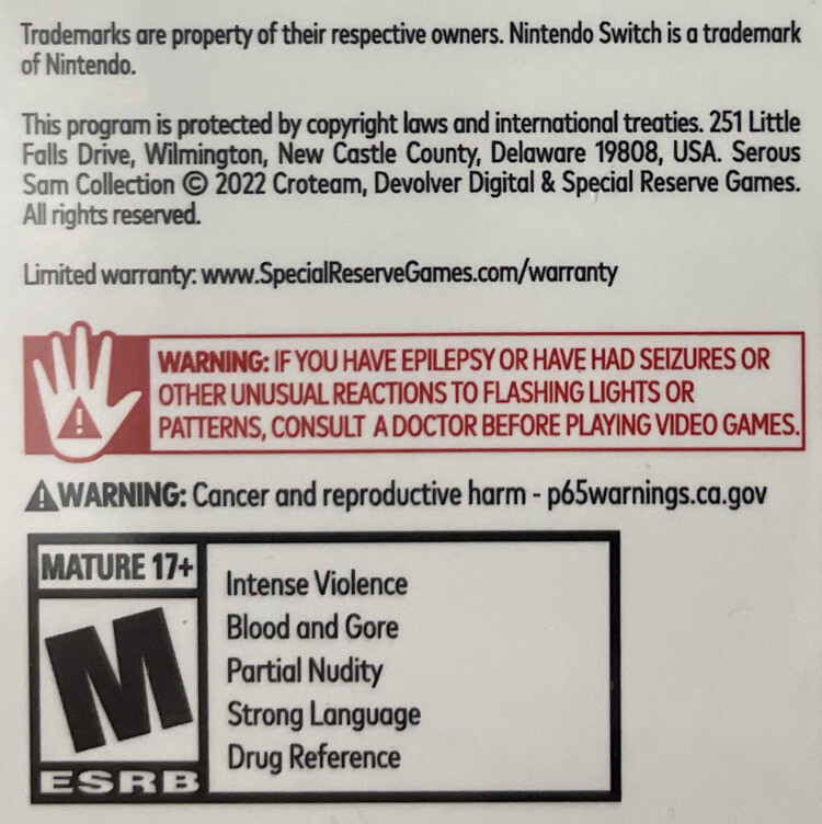Serious Sam Collection Switch Collector’s Edition Special Reserve Games Sealed