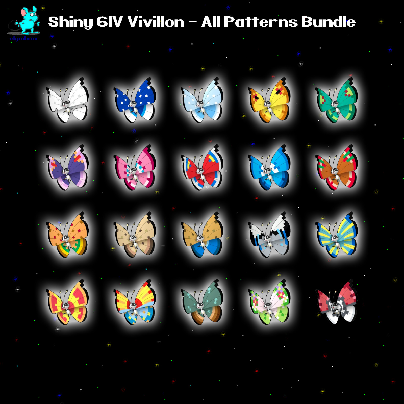 20 x Shiny 6IV Vivillon in all Patterns (Poke ball Pokeball pattern is included)