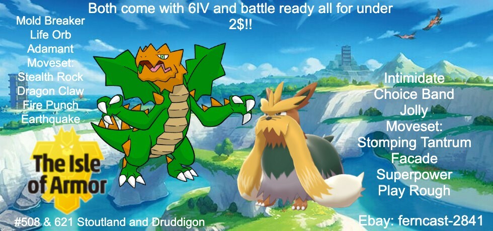 Pokemon Sword And Shield Shiny Druddigon and Stoutland Bundle 6IV Battle Ready
