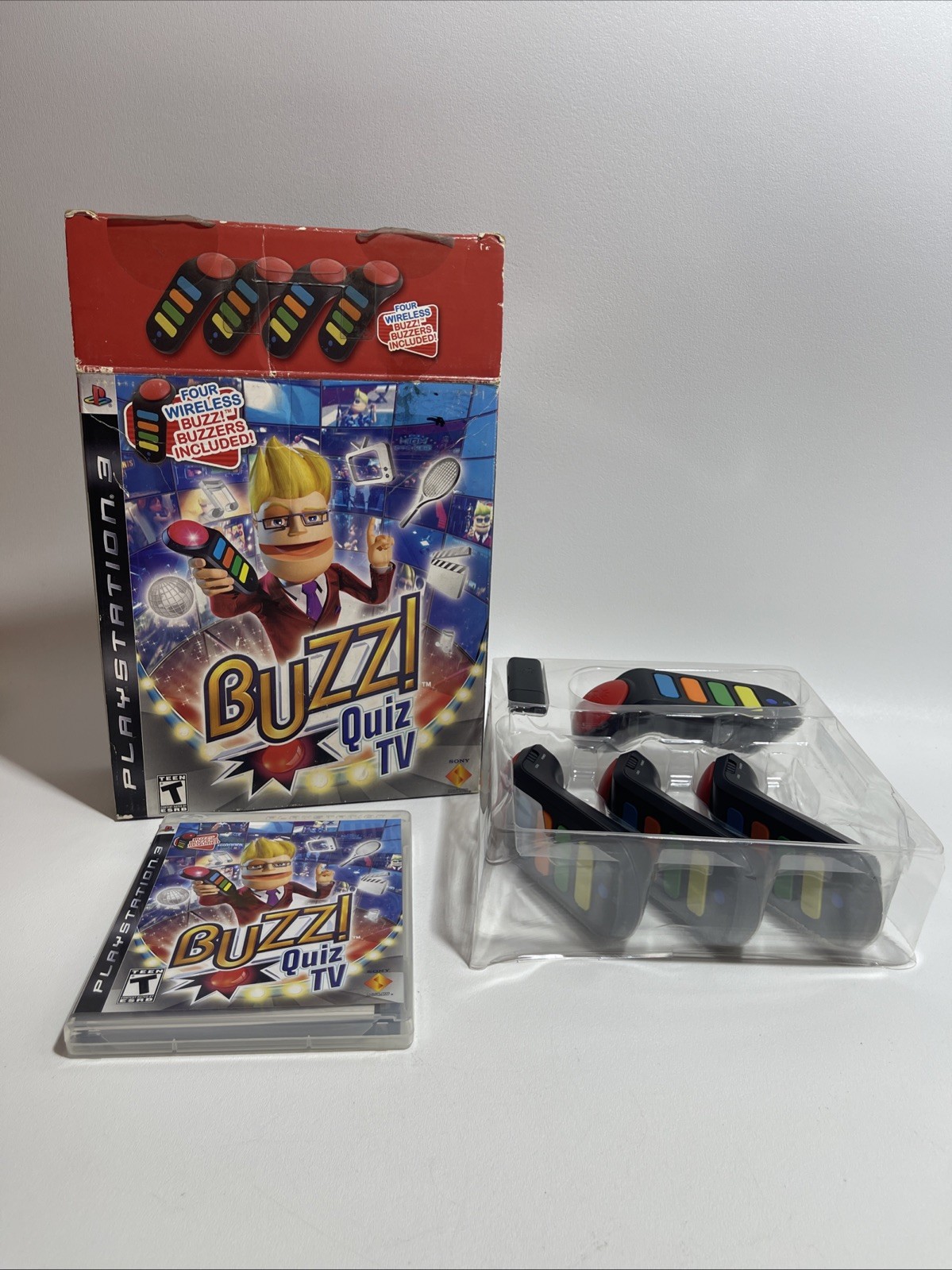 PS3 Buzz Quiz TV (Sony PlayStation 3, 2008) w/ 4 Wireless Buzzers and Dongle