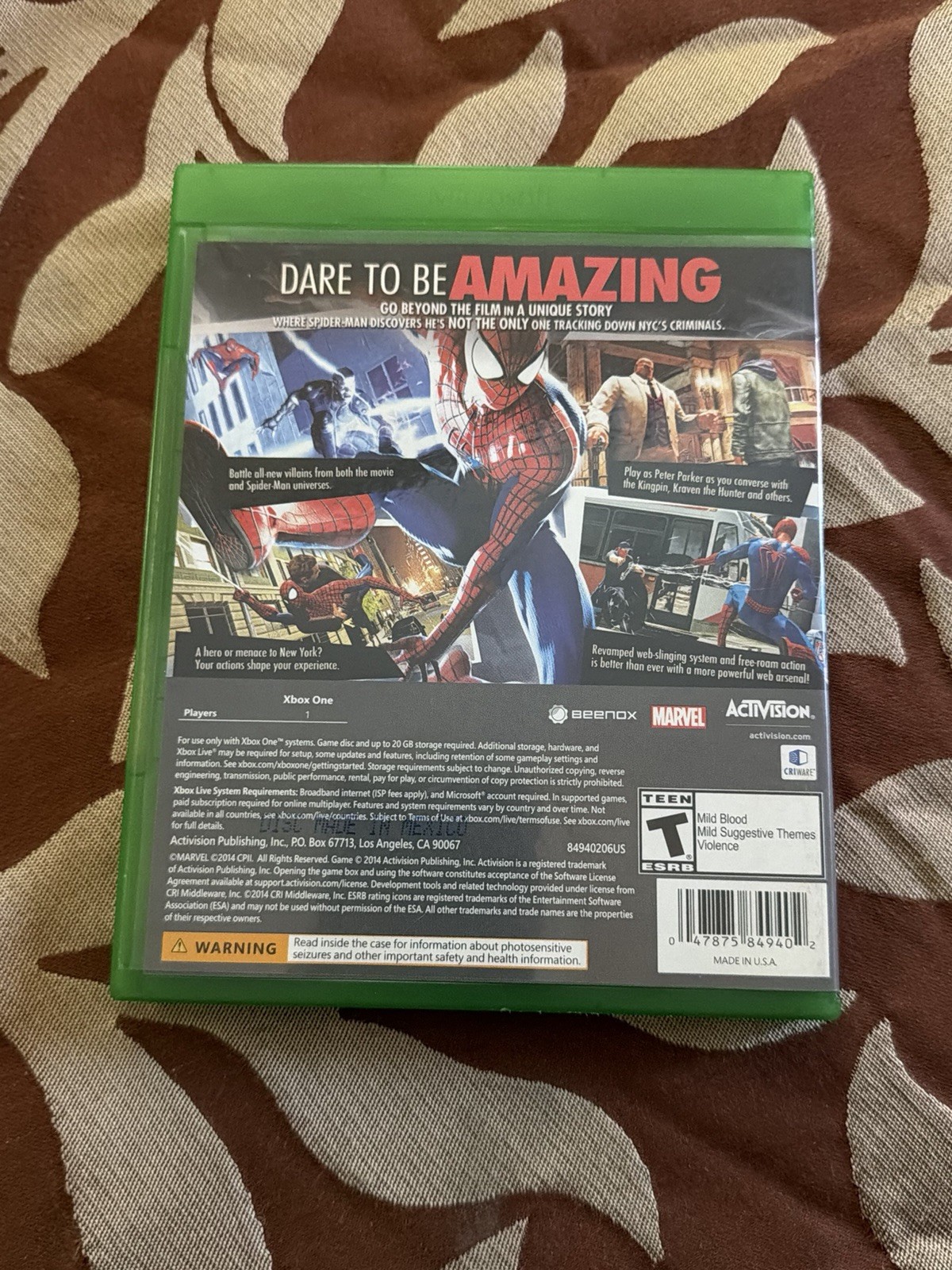 The Amazing Spider-Man 2 Two (Microsoft Xbox One, 2014) Case and Disc Marvel
