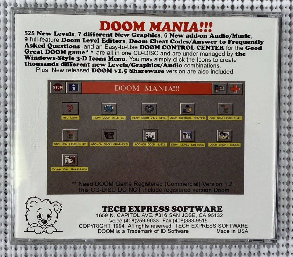 Doom Mania Tech Express Software 1994 PC CD-ROM MS-DOS