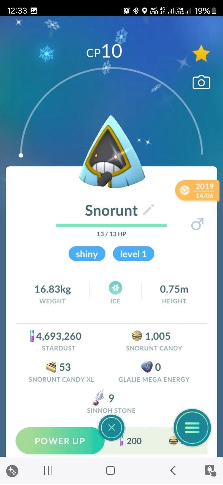 Shiny Male Snorunt ( Level 1 ) Pokemon Tr@de Go