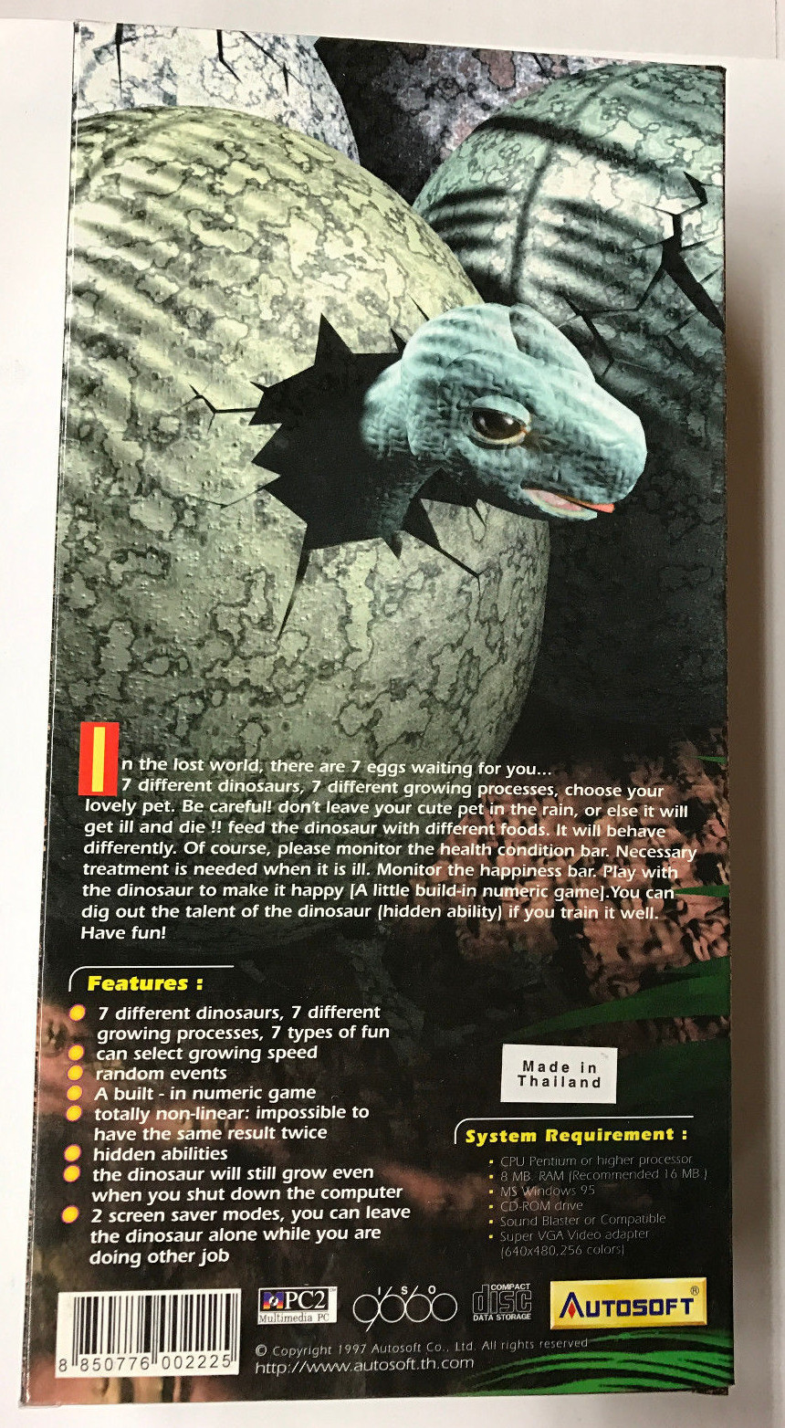 Rare Vintage 1997 CDROM Game DINO GOTCH Virtual Pet Dinosaur Autosoft Win 95 New