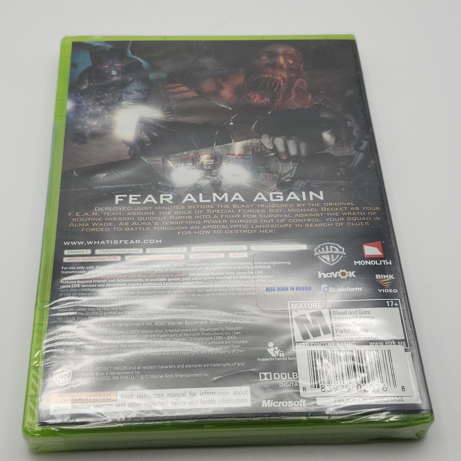 F.E.A.R. 2: Project Origin (Microsoft Xbox 360, 2009) New Sealed with Slip Cover