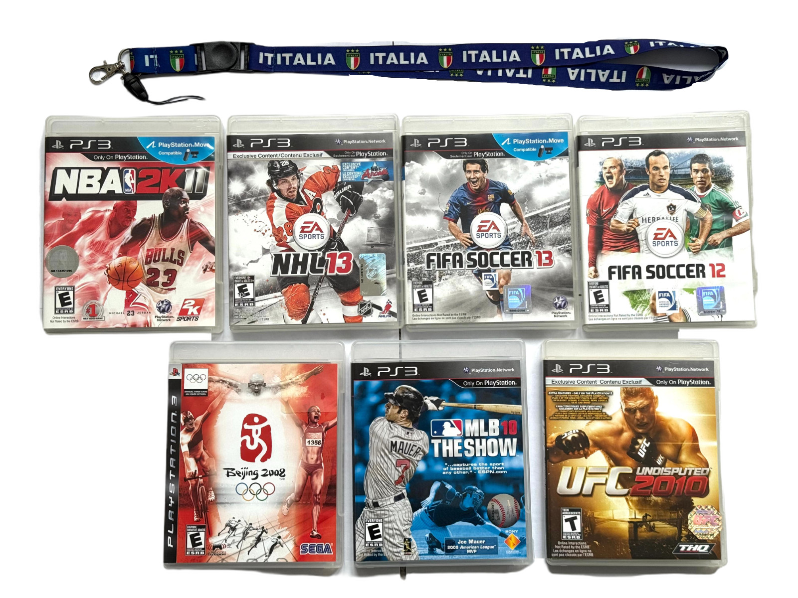 PS3 Sports Game Lot of 7 – NBA NHL FIFA UFC MLB Beijing + Lanyard Italia Bonus