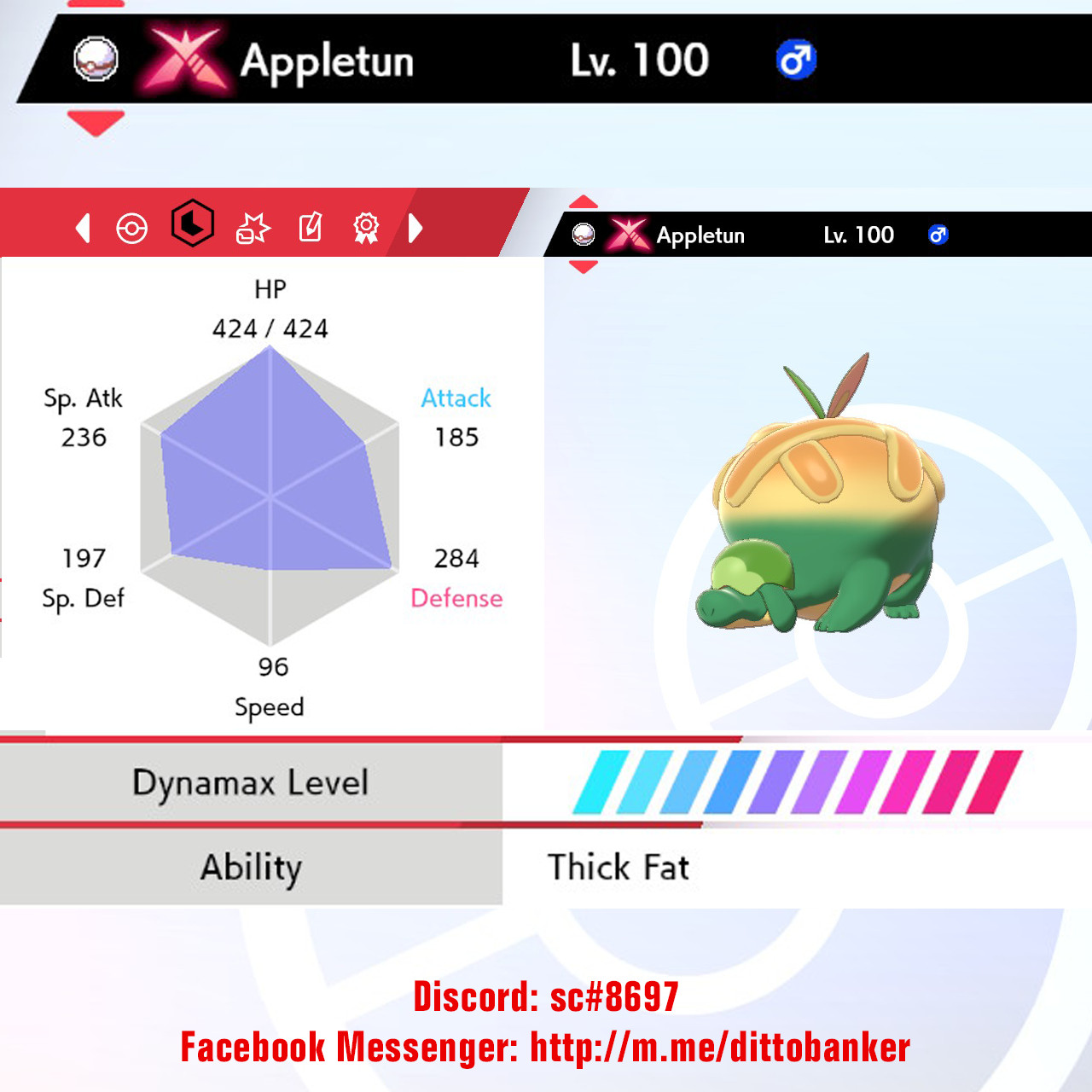 Pokemon Sword/Shield 6IV ULTRA SHINY Appletun / Thick Fat (Bold Nature) GMAX