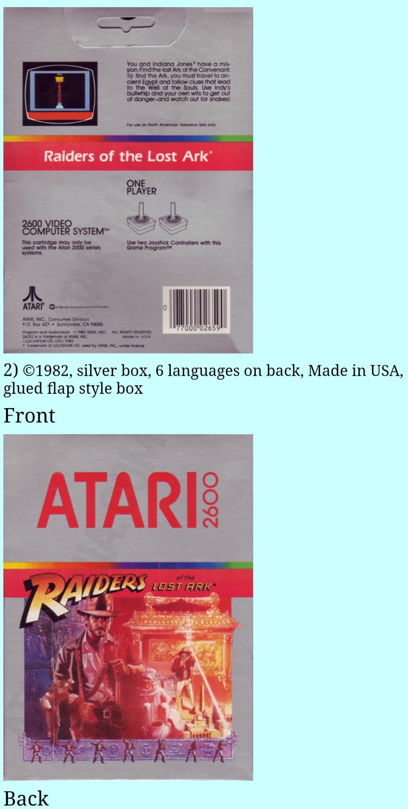 Raiders of the Lost Ark SIX PACK (6) Atari 2600 Silver Box 1982 LAST MADE IN USA
