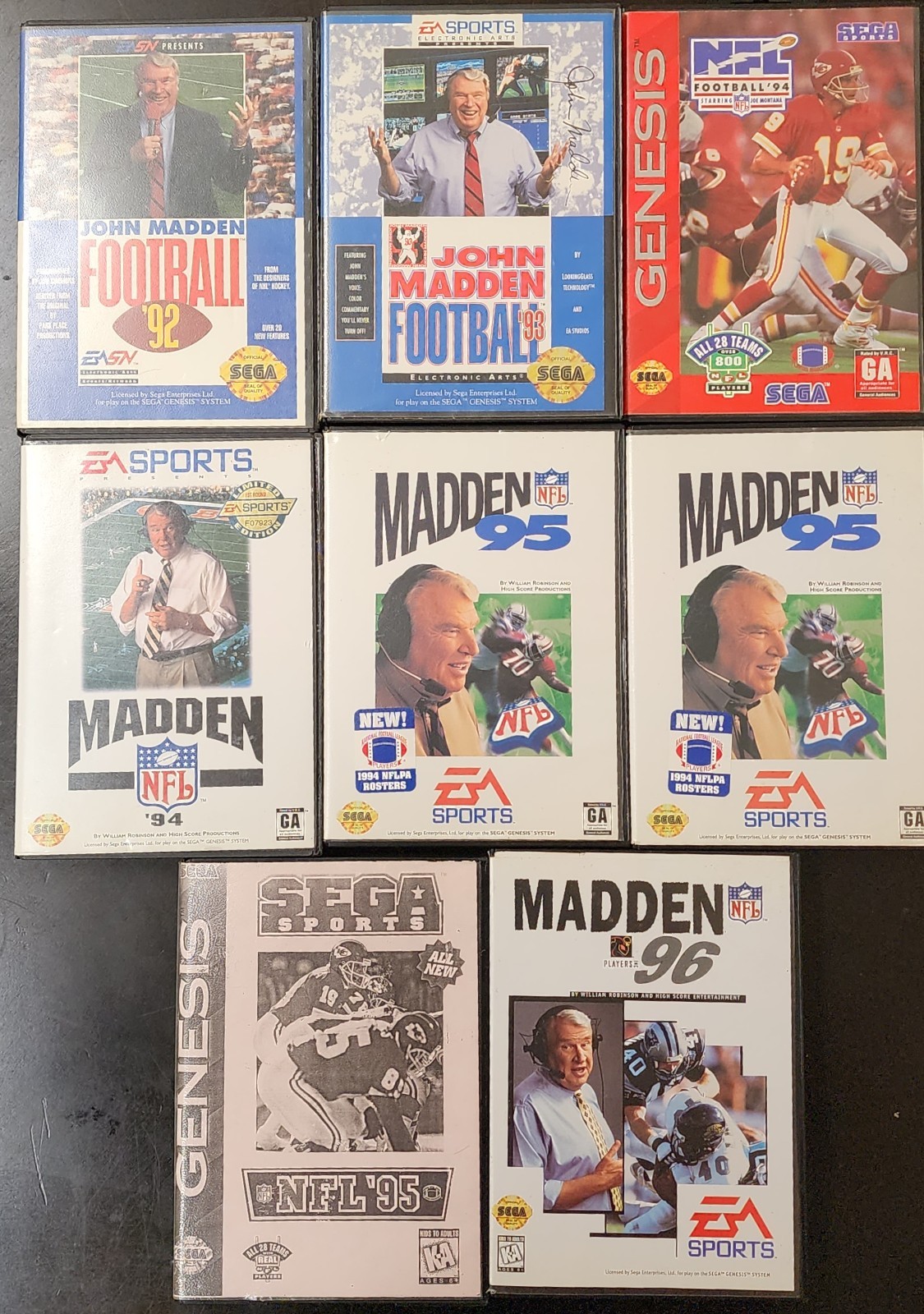 Lot of 8 SEGA Genesis Football Games, John Madden NFL 1992 to 1996, CIB Complete