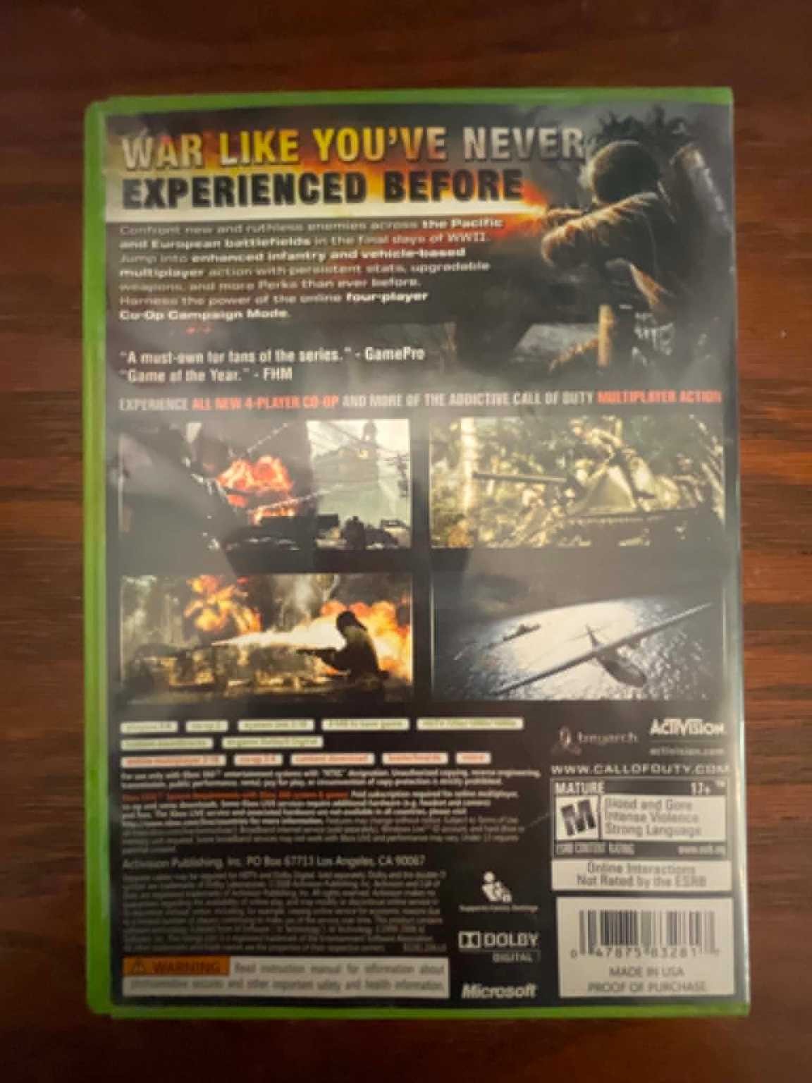 Call of Duty World at War Xbox 360 Video Game FPS Multiplayer Co-Op