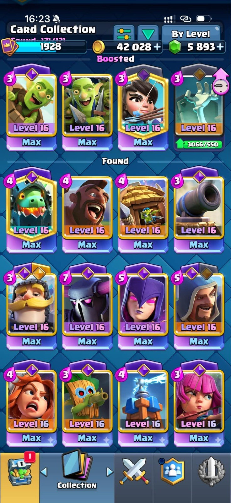 CR/LVL 75(80 Card LV 16-15-14) 13.5K Trophy/127 Emote/14 Tower Skin/32 Evoes