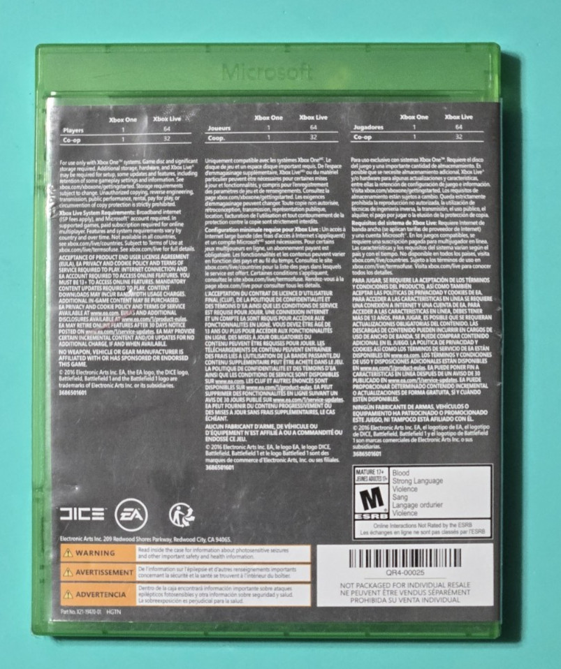 XBOX ONE – BATTLEFIELD 1 – EA – Rated M for mature