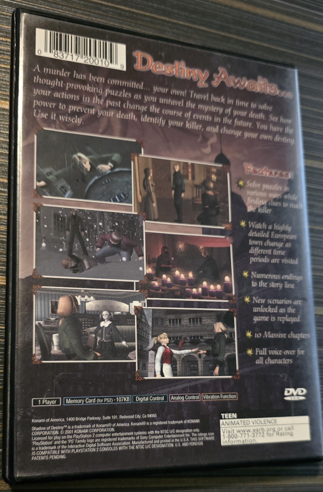 Konami Shadow of Destiny PS2 T NTSC-U/C 2001 Action Adventure Manual Included