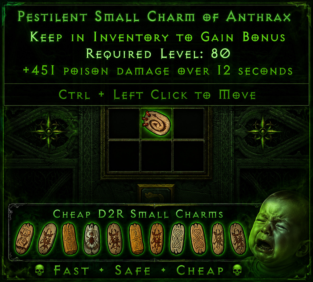451 Poison Damage Small Charm 313 PDSC- Diablo 2 D2R Ladder/Non-Ladder PC