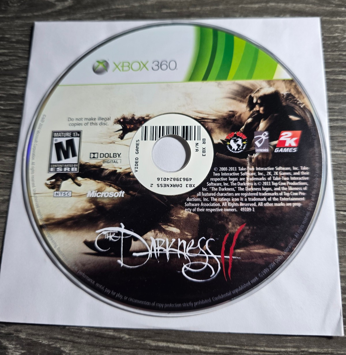 The Darkness II (Microsoft Xbox 360, 2012) Disc Only TESTED
