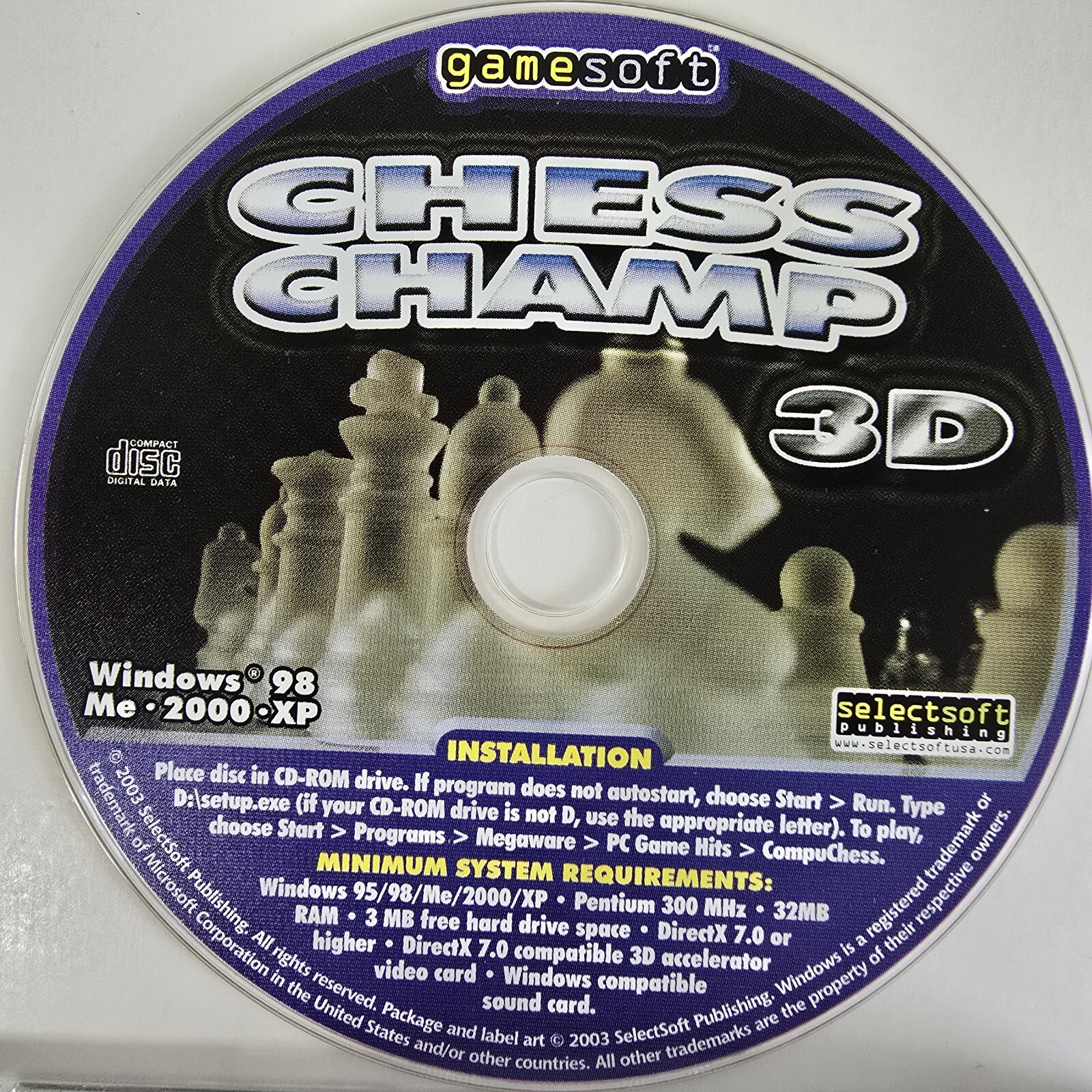 3D CHESS CHAMP PC Game By Gamesoft CD-Rom For Windows 98, XP, 2000, Me