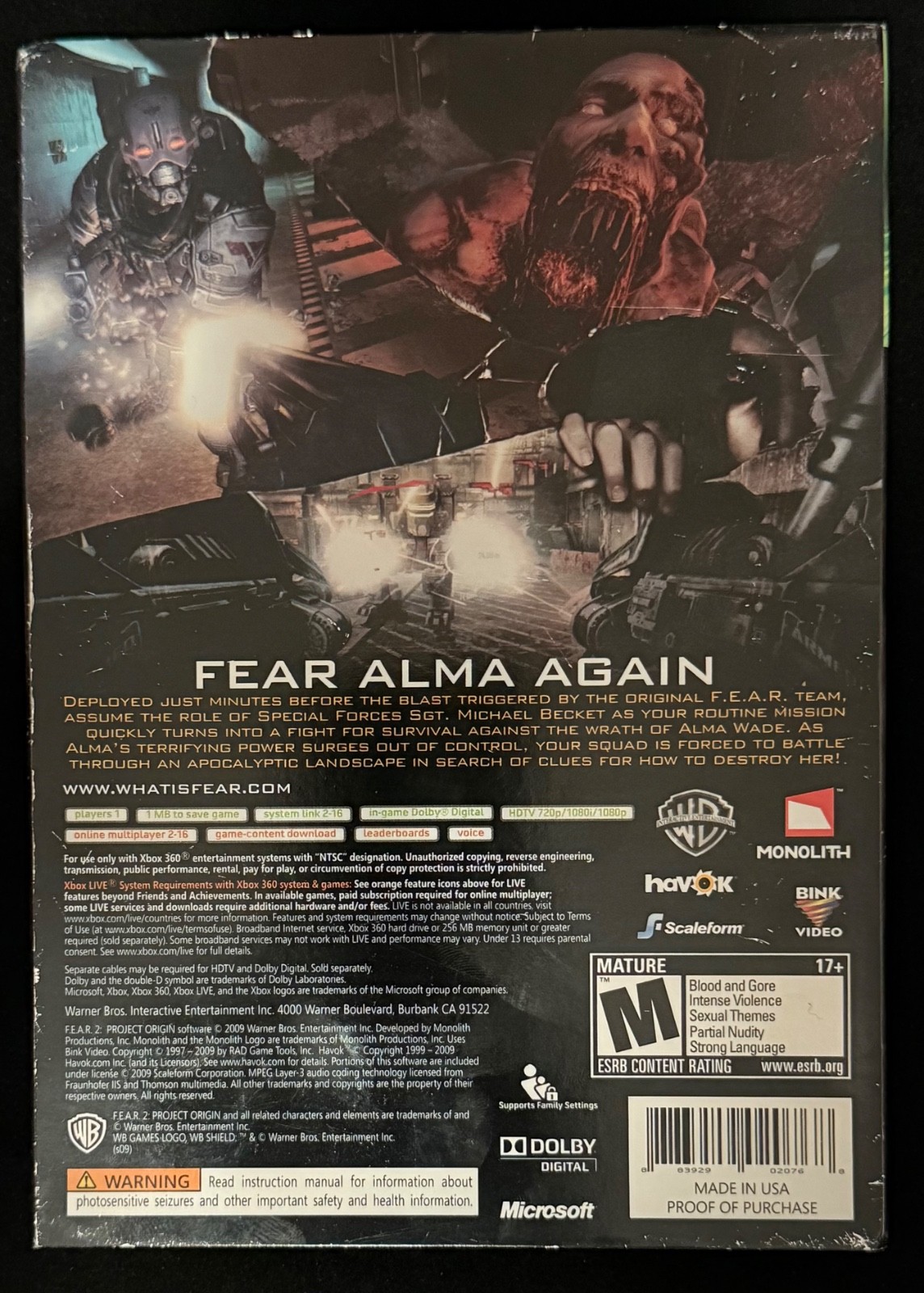 F.E.A.R. 2: Project Origin (Microsoft Xbox 360), NEW, SEALED, with slipcover