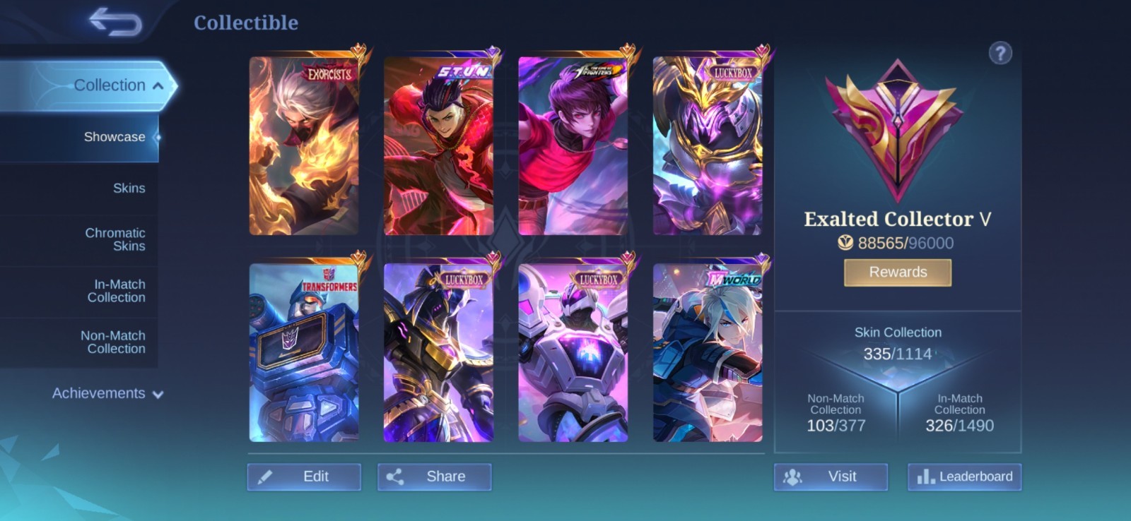 mobile legends bang bang account -335 Skins -Exalted Collector V