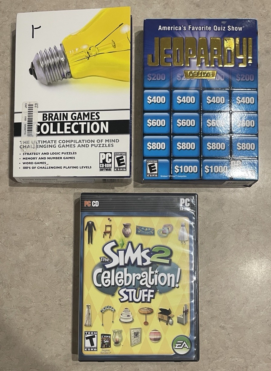 Brain Games Collection Jeopardy Sims 2 Celebration Stuff PC Game Lot Of 3 Tested