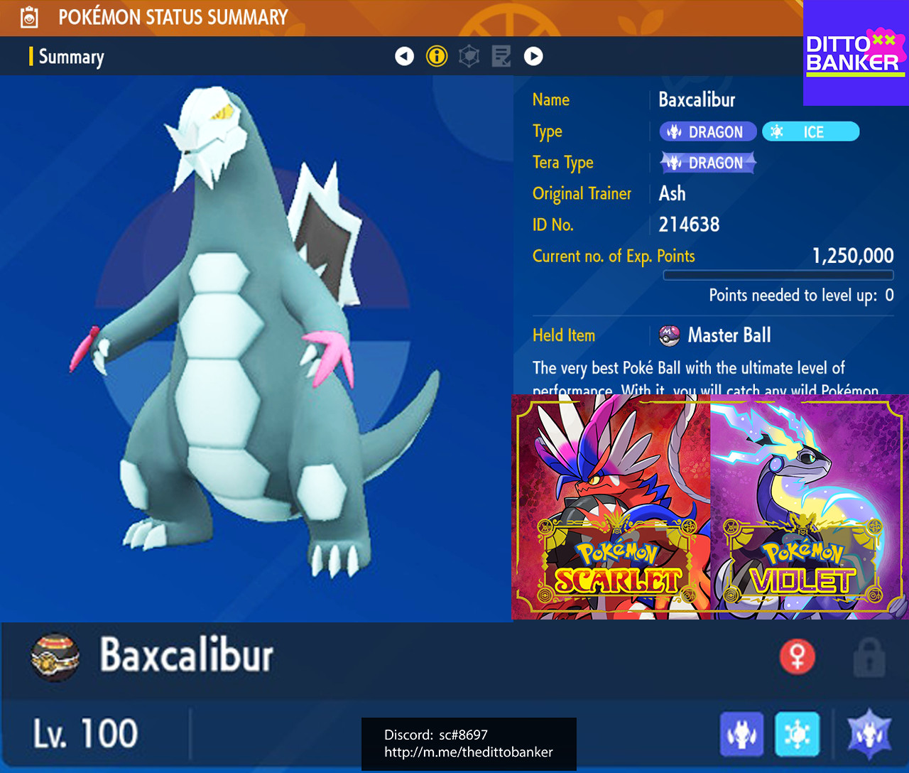Pokemon Scarlet/Violet ✨SHINY BAXCALIBUR Lv.100 Adamant Steel 6IV w/ Masterball