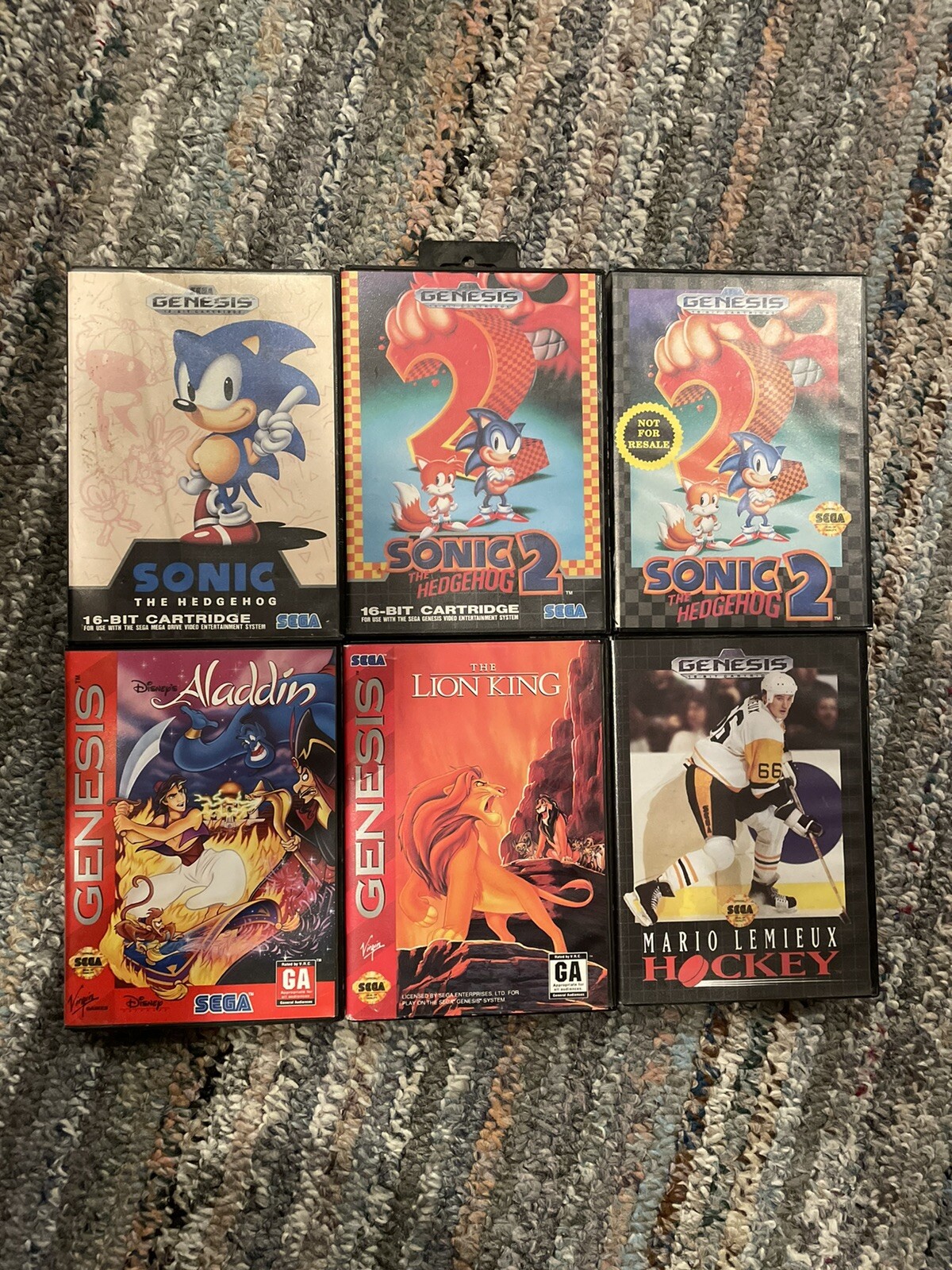 Sonic the Hedgehog and Sonic 2 X2 Lion King, Aladdin. Sega Genesis. 6 game lot