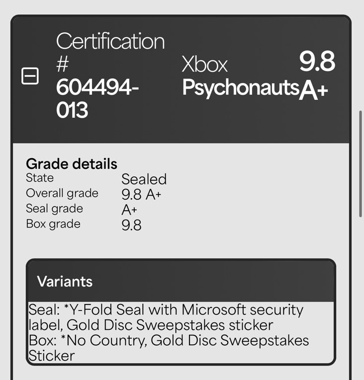 9.8 A+ 1ST PRINT GOLD DISC SWEEPSTAKES! Psychonauts Xbox WATA NOT CGC VGA PSA