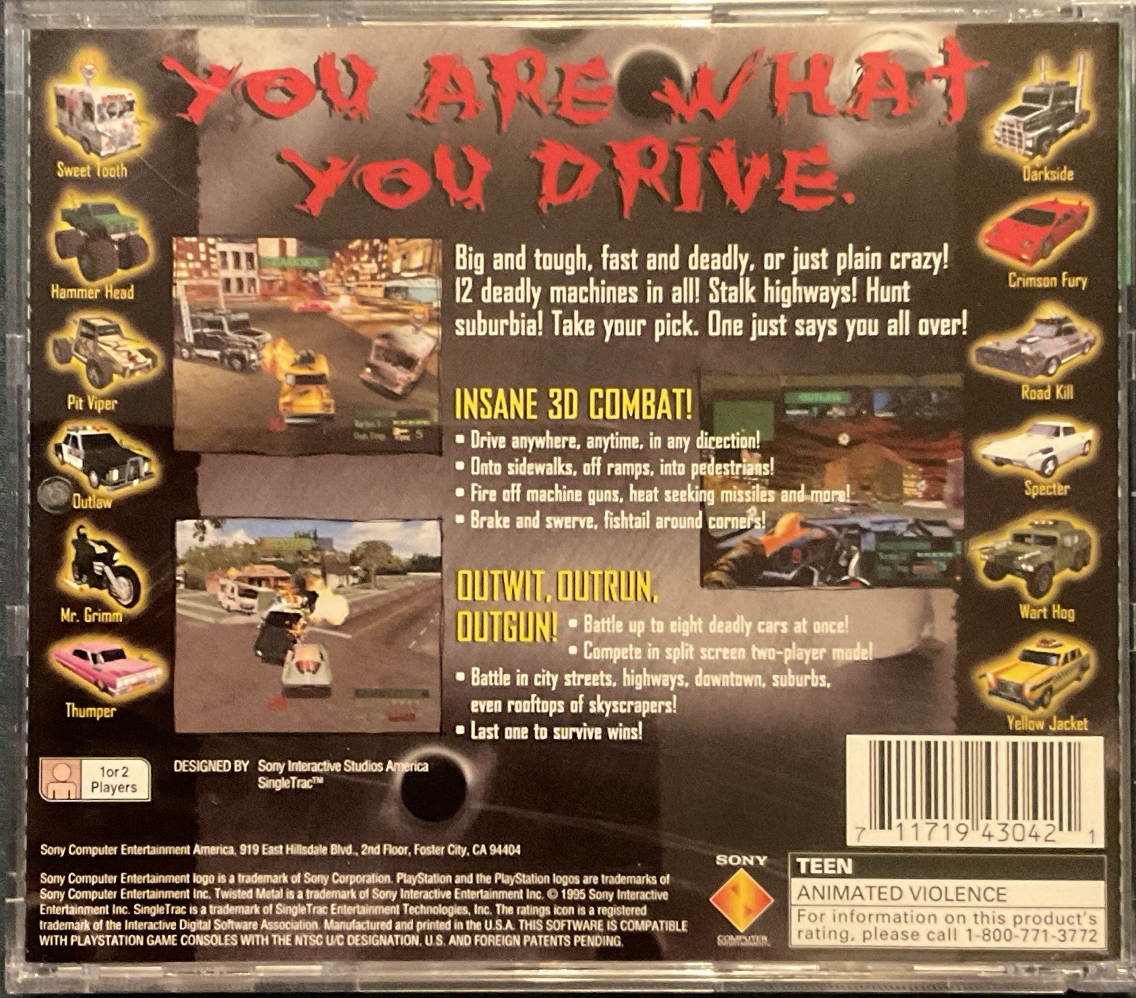 Twisted Metal (Sony PlayStation 1) EXPLOSIVE VEHICULAR COMBAT! Tested, Complete