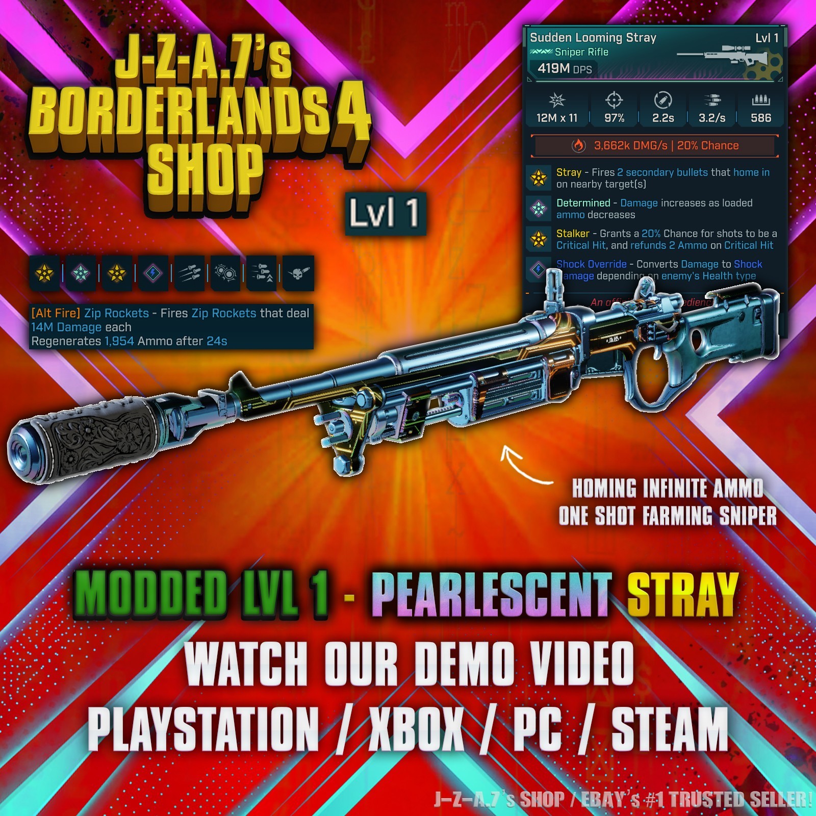Borderlands 4✨ MODDED LVL 1 419M DPS STRAY SNIPER ONE SHOT BL4 GEAR ✅PC-PS-XBOX✨