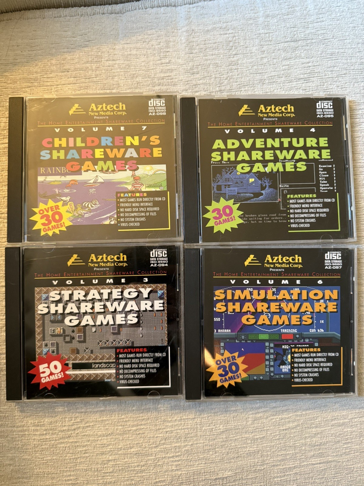 Vintage Set of 4 Aztech Shareware Games (PC/DOS) Simulation Strategy Kids More
