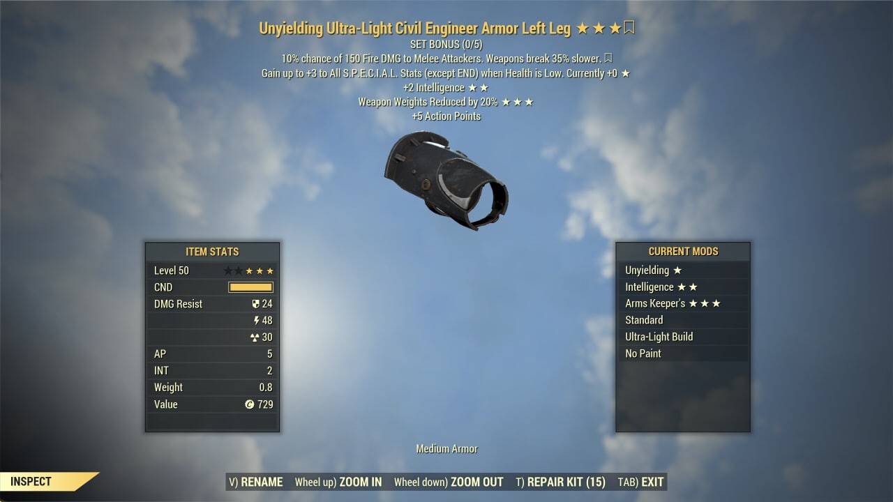 FALLOUT 76 PC CIVIL ENGINEER ARMOR SET UNYIELDING +10 INTELLIGENCE ARMS KEEPER