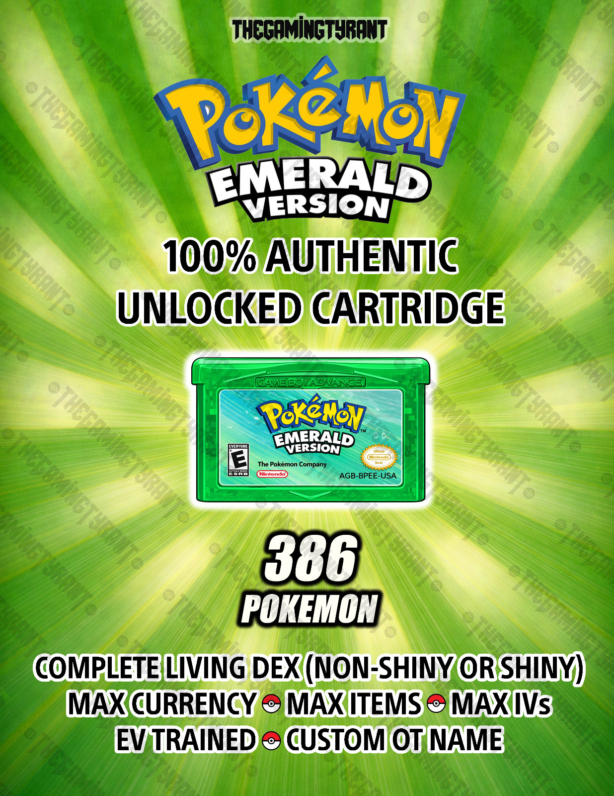Authentic Unlocked Pokemon Emerald – All 386 Pokemon, Max Items and Money