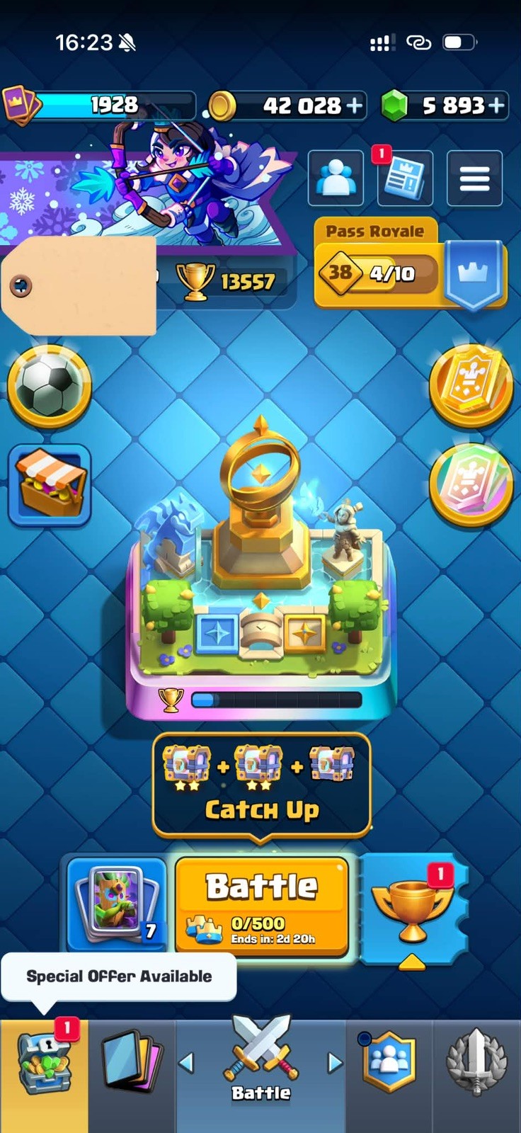CR/LVL 75(80 Card LV 16-15-14) 13.5K Trophy/127 Emote/14 Tower Skin/32 Evoes