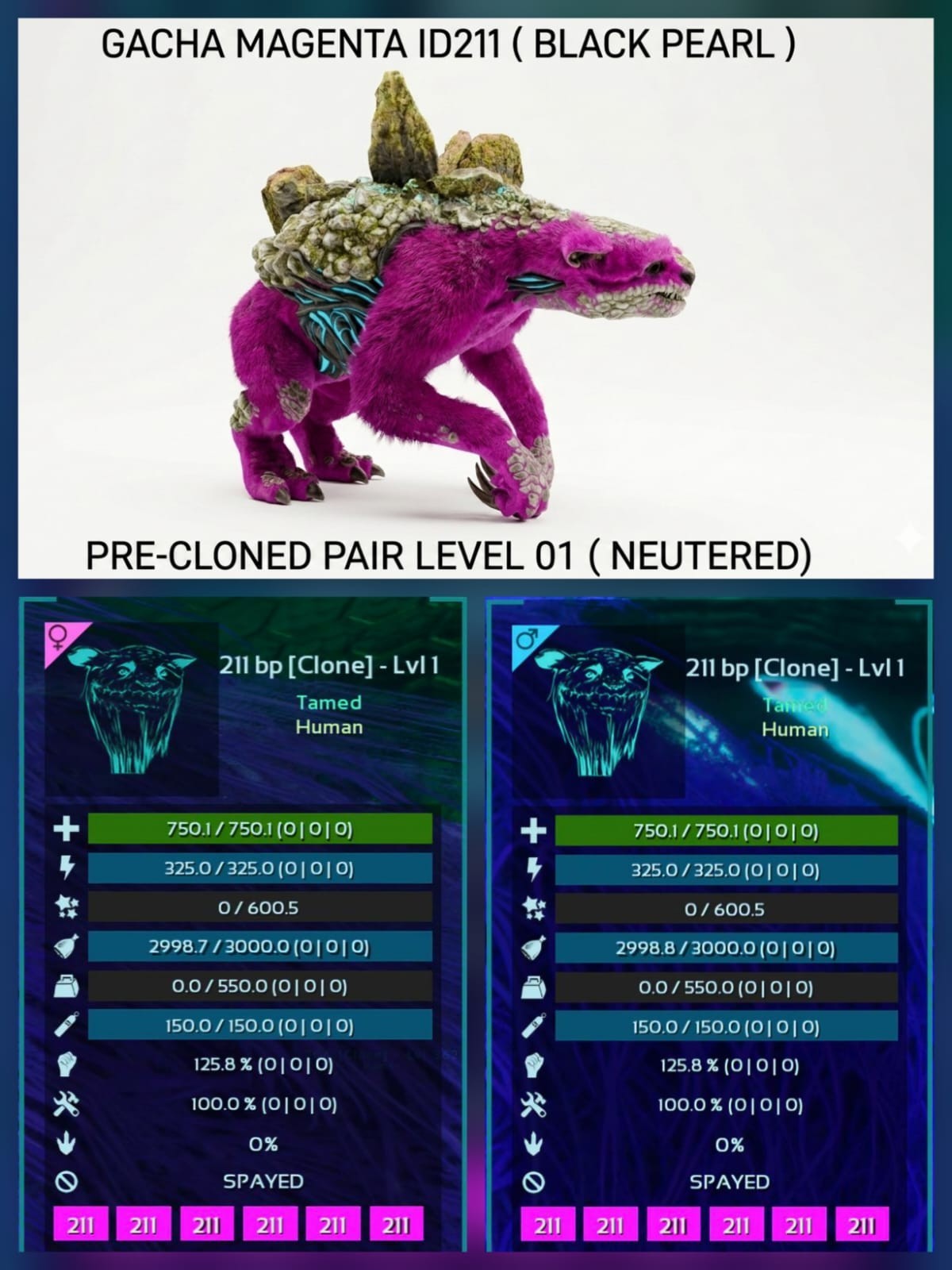 GACHA Full Color Pre-Cloned Pair neutered Ark Ascended Official PVE PC/XBOX/PS5