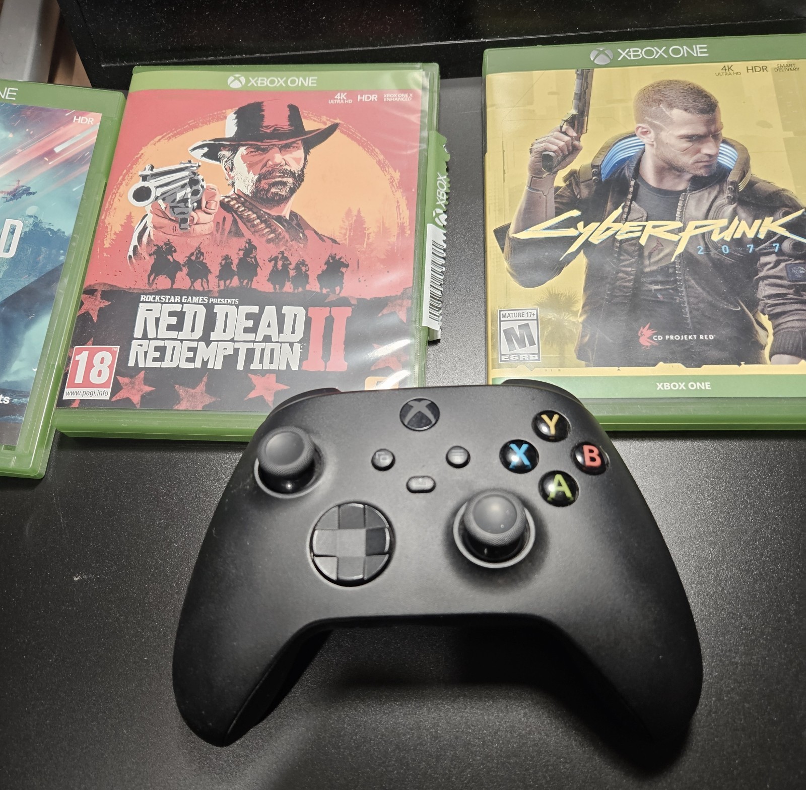 Xbox One Game Lot of 4 (Red Dead Redemption 2, Cyberpunk 2077) & Black Controlle