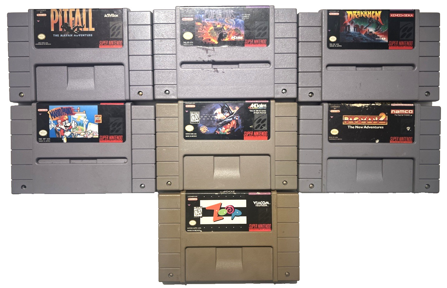 SNES Game Lot of 7 Pitfall Pac-Man 2 Zoop Whizz Warlock Super Nintendo Tested