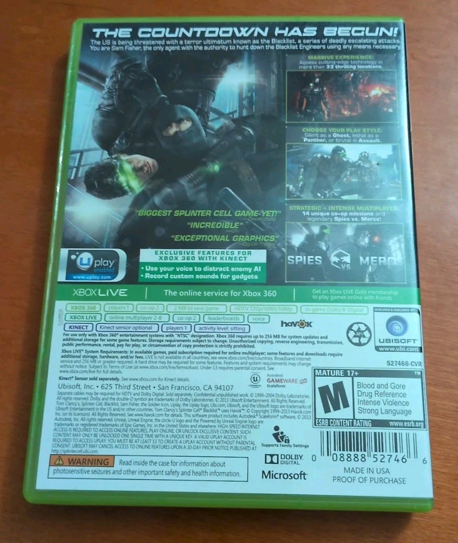 tom Clancy’s Splinter Cell Blacklist Microsoft Xbox 360 Ubisoft Mature
