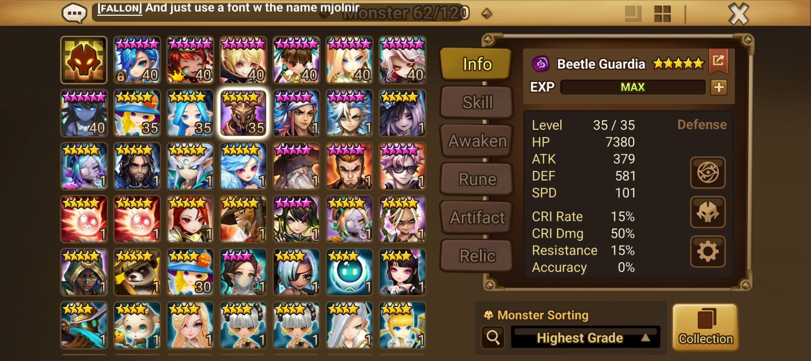 Summoners war Dark beetle guardian 1LD5 (check desc)